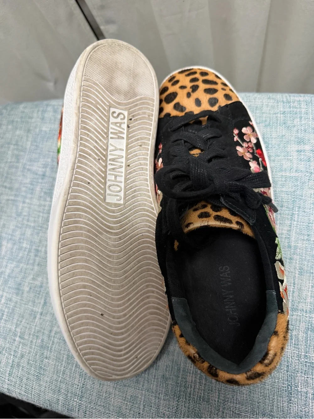 Johnny Was Black Sneakers with Leopard Toe and Pink Floral Embroidery